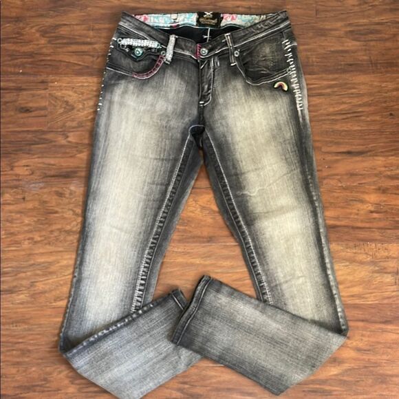 Akademiks New York Womens Foxy Lady CatCal Embroidered Blk Denim Jeans Sz 29 - Picture 1 of 15